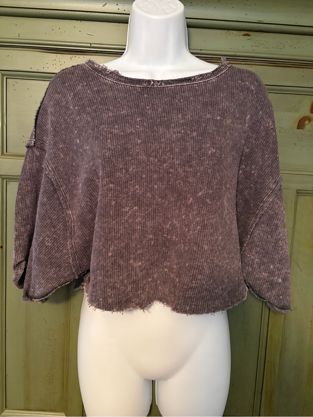 We The Free Raw-Edge Ribbed Knit Pullover in Faded Purple/Gray